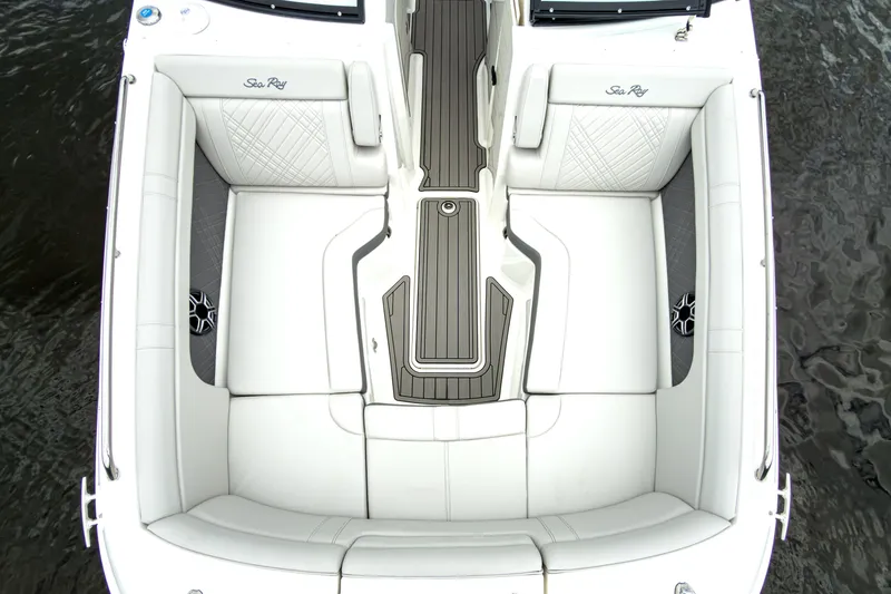 Slide: The Image of Interior of 2026 Sea Ray SDX 290 Outboard with luxurious white seating. - 20