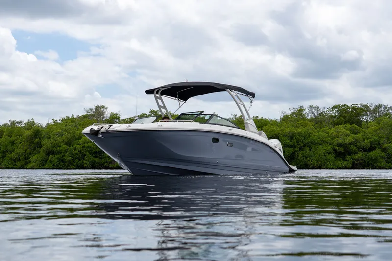 Slide: The Image of 2026 Sea Ray SDX 290 Outboard on calm water with green backdrop. - 25