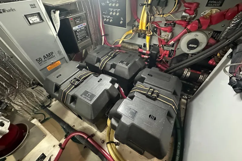 Slide: The Image of Engine room of 2008 Cruisers Yachts 415 Express Motoryacht with battery setup. - 26