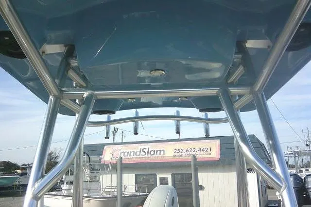 Slide: The Image of 2022 Carolina Skiff 21 Ultra Elite boat with T-top frame, viewed from below. - 34