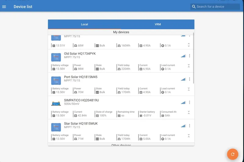 Slide: The Image of Device list interface displaying solar panel data for Catalina 42 MkII, 1999 model. - 32