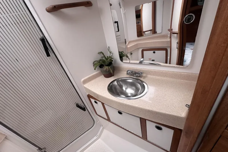 Slide: The Image of Bathroom interior of 1999 Catalina 42 MkII yacht with sink, mirror, and plant. - 38
