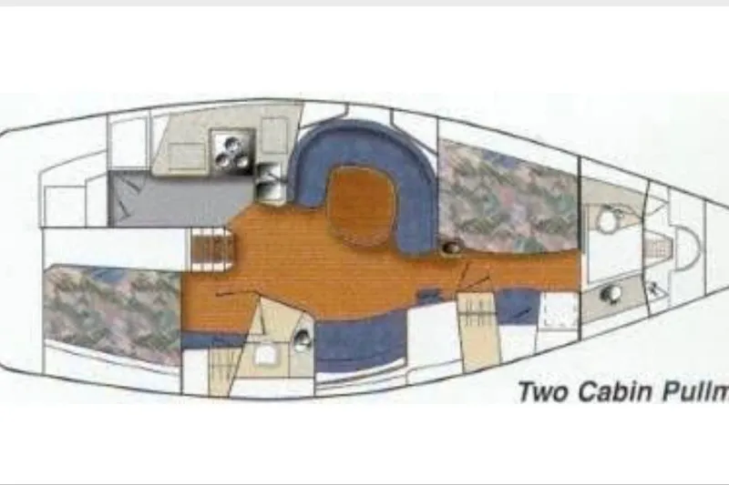 Slide: The Image of Floor plan of a 1999 Catalina 42 MkII sailboat, featuring two cabin pullman layout. - 58