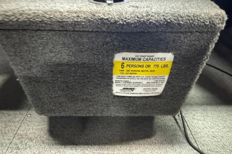 Slide: The Image of 2017 Lund 1750 Rebel XS Sport capacity label, 6 persons or 775 lbs limit. - 11