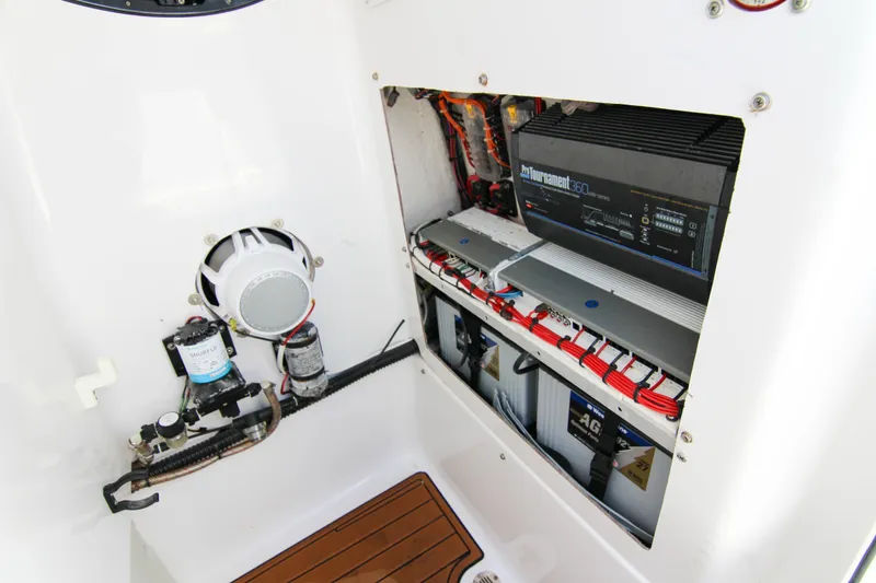 Slide: The Image of Electrical components inside a 2018 Sportsman Heritage 241 Center Console boat. - 19