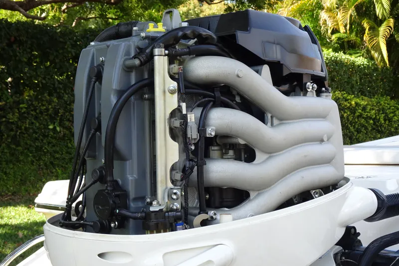 Slide: The Image of Close-up of a 2015 Pioneer 186 Cape Island boat engine, showcasing intricate mechanical details. - 8