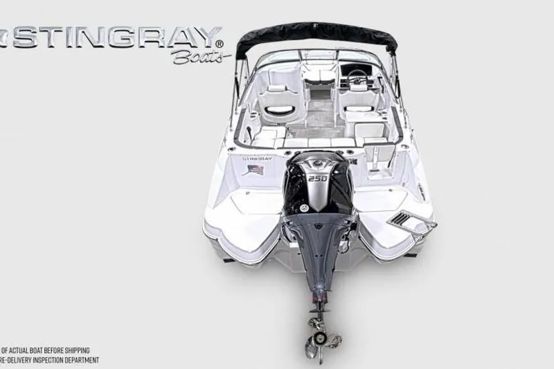 Slide: The Image of 2026 Stingray 231 DC boat, rear view, showcasing sleek design and powerful engine. - 6