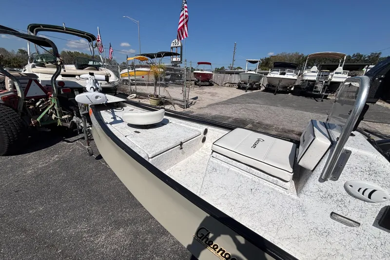 Slide: The Image of 2017 GHEENUE Super 16 boat displayed outdoors with other boats and flags. - 11