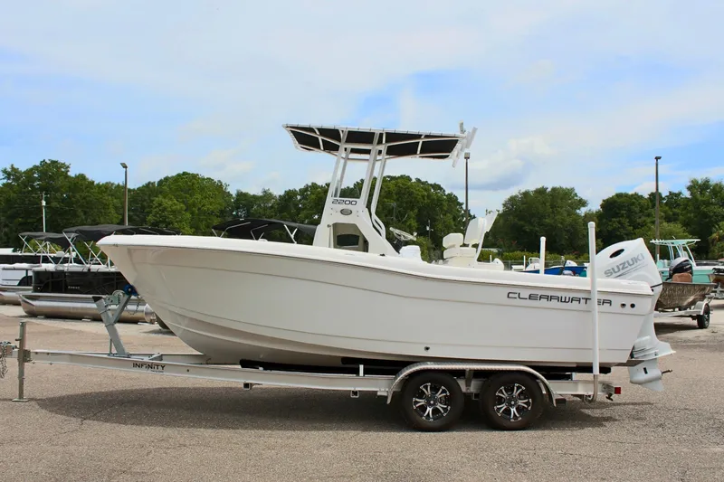 Slide: The Image of 2024 Clear Water 2200 CC boat on trailer, parked outdoors. - 3