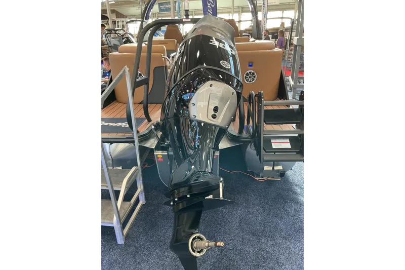 Slide: The Image of 2026 Bentley Pontoons Elite 253 Admiral with powerful outboard motor, extended deck view. - 3