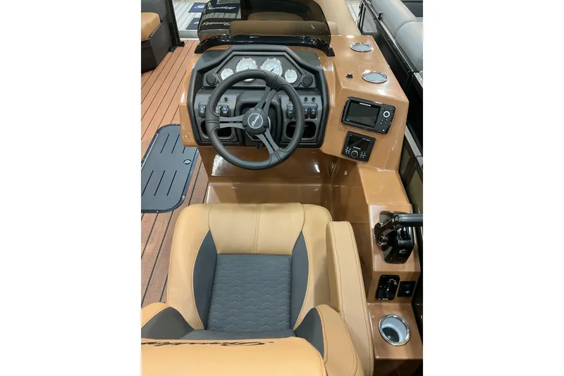Slide: The Image of 2026 Bentley Pontoons Legacy 223 Navigator dashboard with steering wheel and controls. - 3