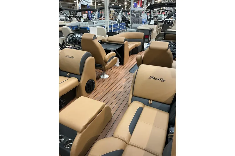 Slide: The Image of Luxurious interior of 2026 Bentley Pontoons Legacy 223 Navigator 3/4 Tube with tan seating. - 6