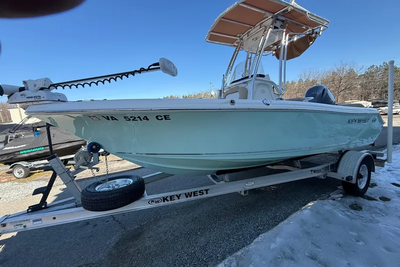 The Image of 2017 Key West 189 FS boat on trailer, featuring Minn Kota trolling motor. - 1