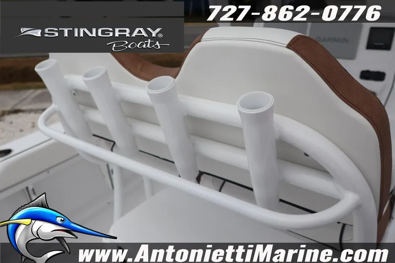 Slide: The Image of 2026 Stingray 236 CC boat seat with rod holders, Antonietti Marine branding. - 17