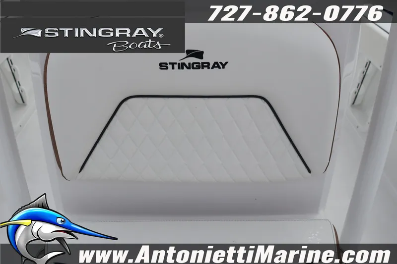 Slide: The Image of 2026 Stingray 236 CC boat seat with logo, contact info, and website details. - 27