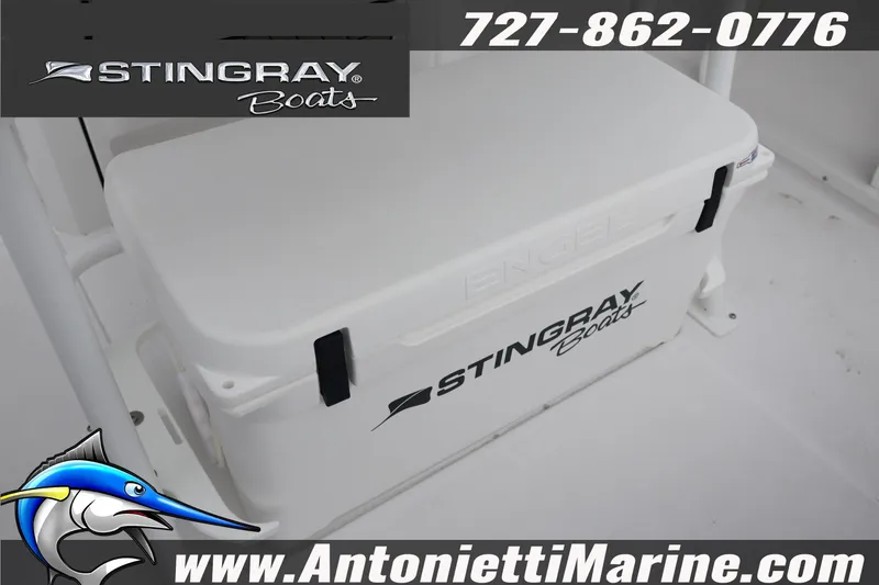 Slide: The Image of 2026 Stingray 236 CC boat cooler with logo, contact info, and website details. - 39