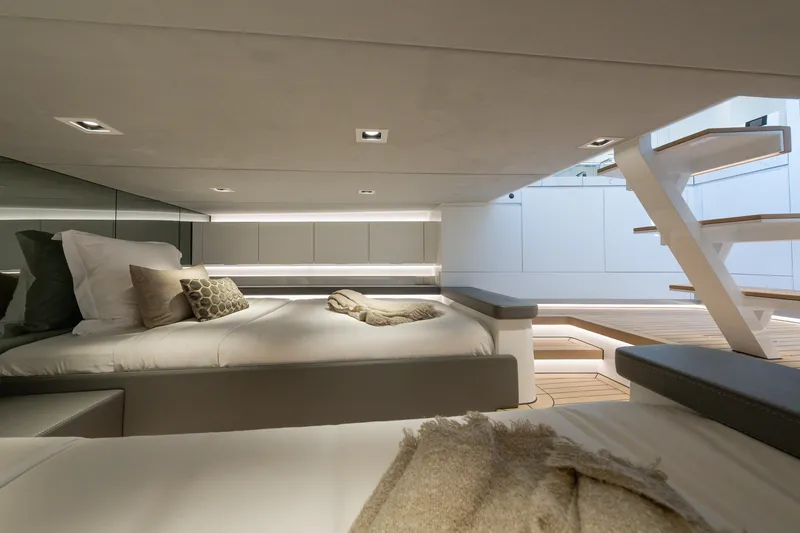 Slide: The Image of Luxurious interior of 2024 Wajer 55 HT yacht with modern bedding and elegant design. - 33