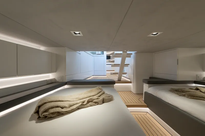 Slide: The Image of Luxurious interior of 2024 Wajer 55 HT yacht, featuring modern design and cozy bedding. - 34