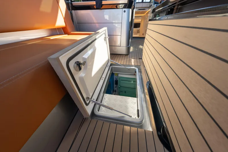 Slide: The Image of Open storage compartment on 2024 Wajer 55 HT yacht deck, showcasing sleek design. - 39
