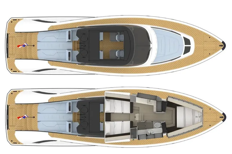 Slide: The Image of Top view of 2024 Wajer 55 HT yacht layout, showcasing deck and interior design. - 56