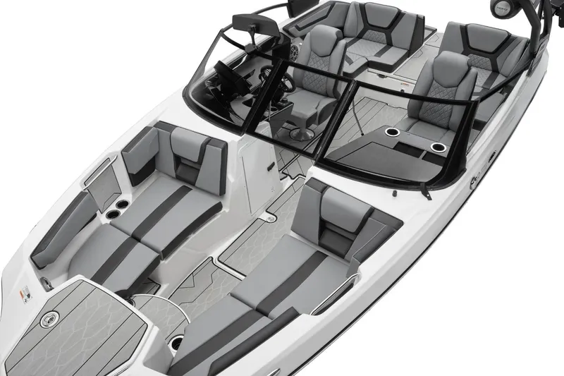 Slide: The Image of 2026 Yamaha Boats 222XD interior, featuring sleek gray seating and modern design. - 10