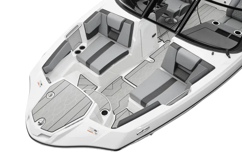 Slide: The Image of 2026 Yamaha Boats 222XD interior, featuring sleek gray seating and modern design elements. - 6