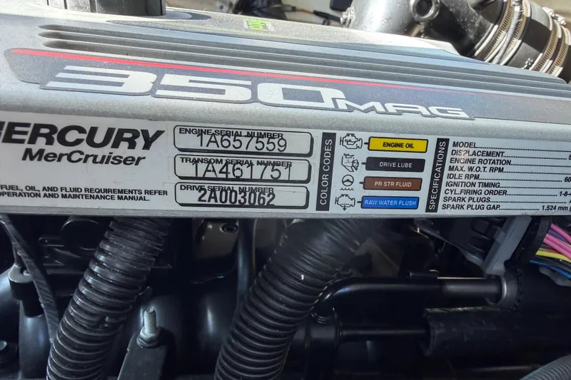 Slide: The Image of Close-up of a Mercury MerCruiser 350 MAG engine label on a 2012 Monterey 328SS Super Sport. - 5