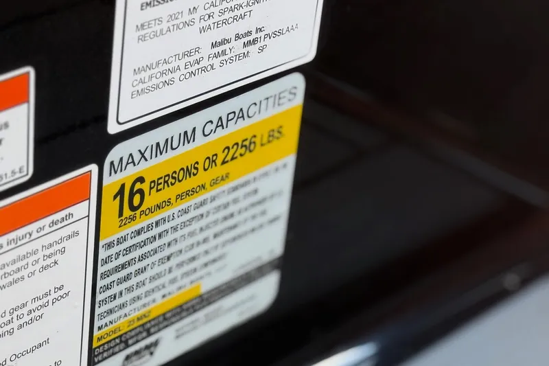 Slide: The Image of 2021 Malibu Wakesetter 23 MXZ capacity label, 16 persons or 2256 lbs. - 30