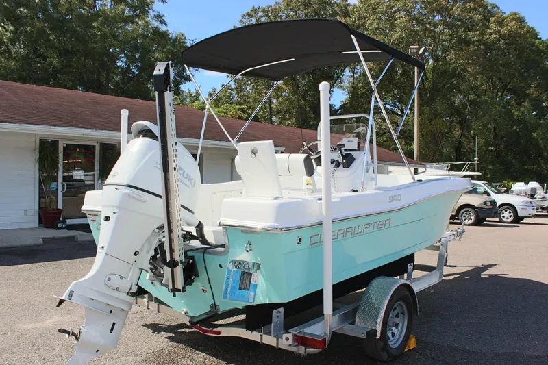 Slide: The Image of 2024 Clearwater 1900 CC boat on trailer, featuring a Suzuki outboard motor. - 7