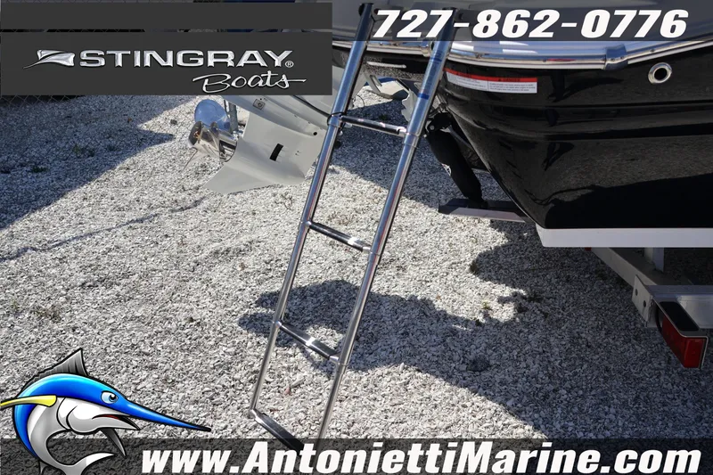 Slide: The Image of 2026 Stingray 216 CC boat with ladder and propeller, Antonietti Marine branding. - 9