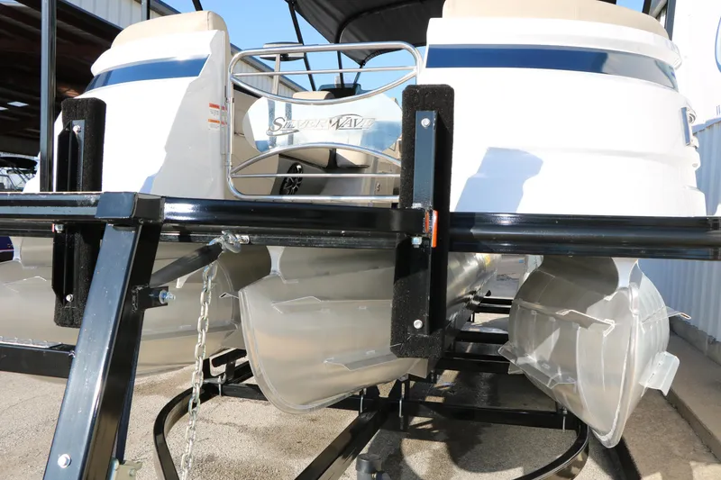 Slide: The Image of 2023 Silver Wave 2410 SW5 RLP pontoon boat on trailer, rear view. - 7