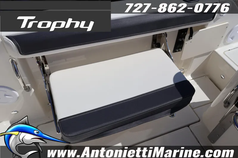Slide: The Image of 2026 Bayliner Trophy T25 Pilothouse seating, Antonietti Marine contact details. - 17
