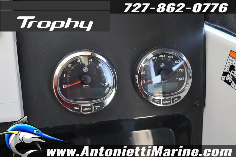 Slide: The Image of Dashboard of 2026 Bayliner Trophy T25 Pilothouse with RPM and speed gauges. - 29
