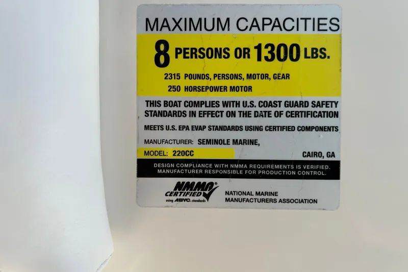 Slide: The Image of 2015 Sailfish 220 CC capacity label: 8 persons or 1300 lbs, 250 horsepower motor. - 18