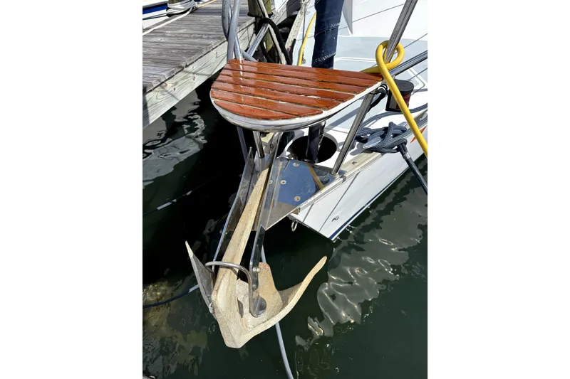 Slide: The Image of Hunter Legend 35.5 sailboat anchor and deck detail, 1995 model, docked at marina. - 2