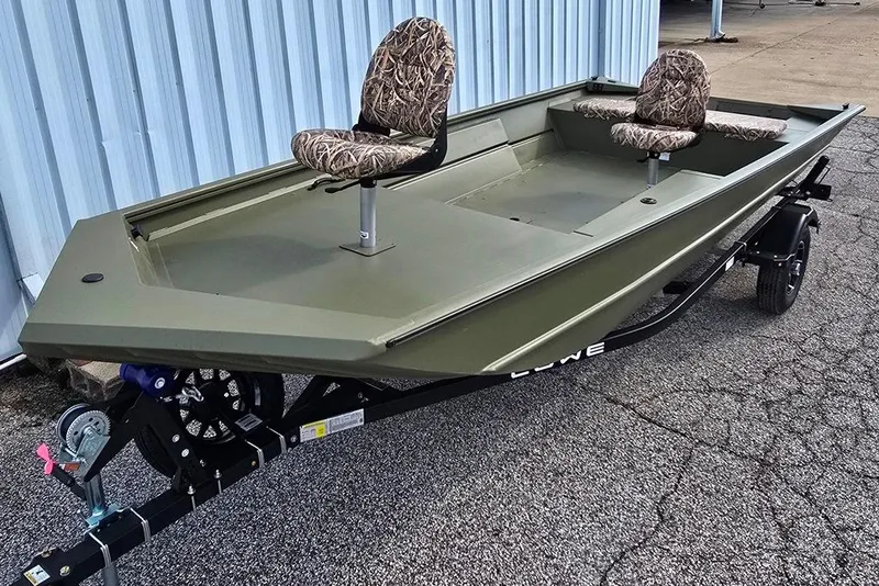 The Image of 2026 Lowe Roughneck RX1860 Tiller boat with camo seats on a trailer. - 0