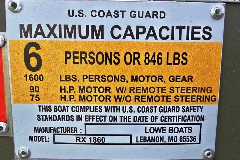 Slide: The Image of U.S. Coast Guard capacity label for Lowe Roughneck RX1860 Tiller, 2026 model, 6 persons or 846 lbs. - 7