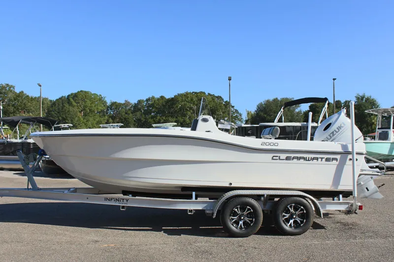The Image of 2024 Clear Water 2000 CC boat on trailer, parked outdoors under clear blue sky. - 1
