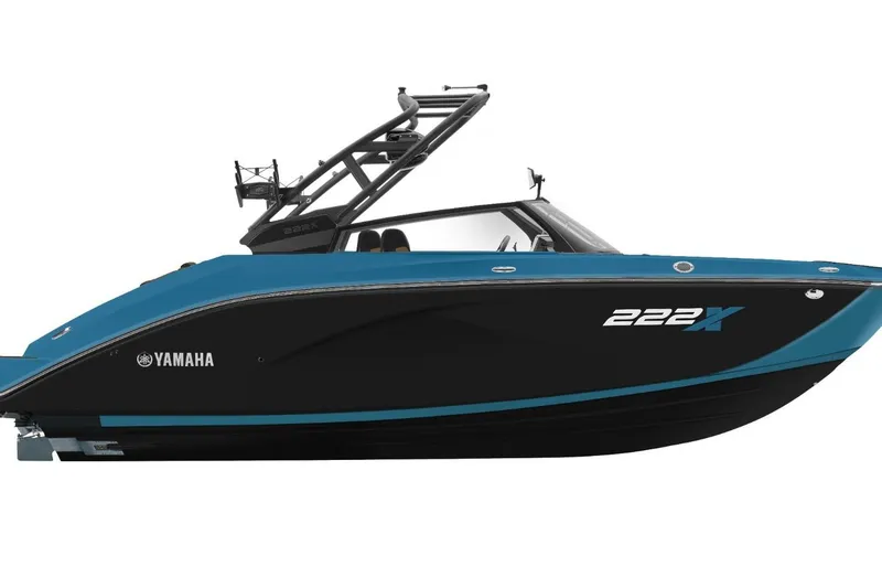 The Image of 2026 Yamaha Boats 222XD, sleek black and blue design, side view. - 1