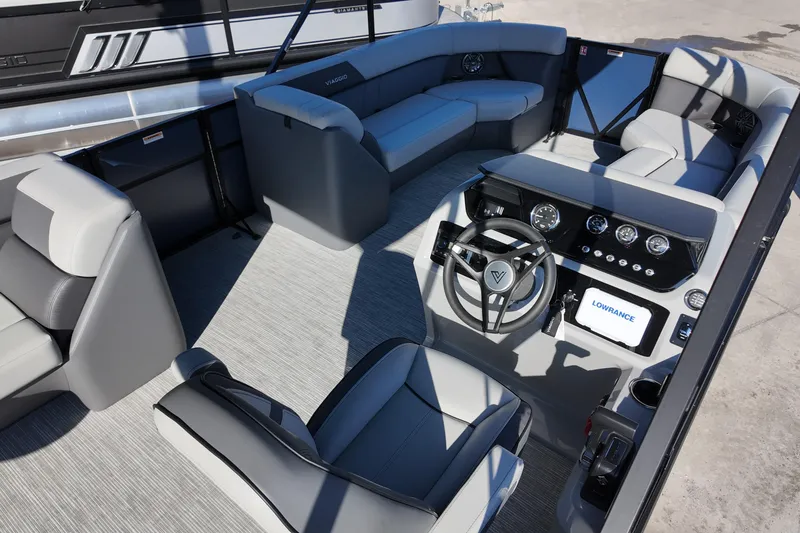 Slide: The Image of Luxurious interior of 2026 Viaggio Lago V 22 C pontoon boat with modern seating and controls. - 6