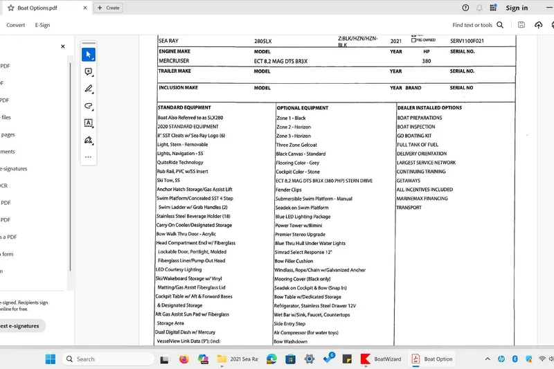 Slide: The Image of 2021 Sea Ray SLX 280 boat options list with standard and optional equipment details. - 72
