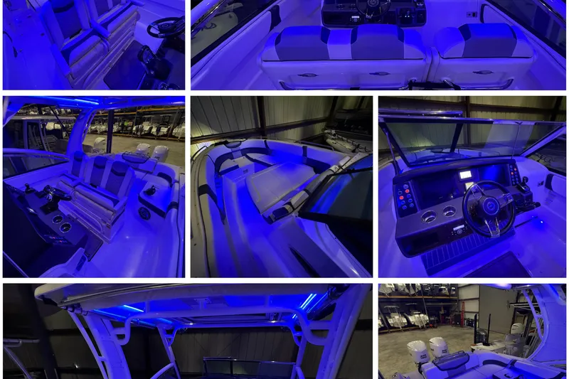 Slide: The Image of 2020 Chaparral 300 OSX boat interior with blue LED lighting, showcasing seating and control panels. - 28