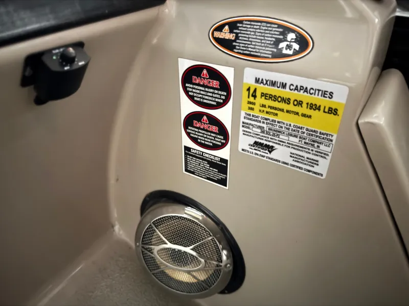 Slide: The Image of Harris 240 Solstice 2018 boat capacity label and speaker. - 14