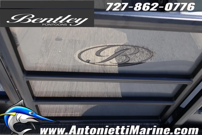 Slide: The Image of Bentley Pontoons Legacy 243 Swingback EXT 2026, featuring logo and contact details. - 13