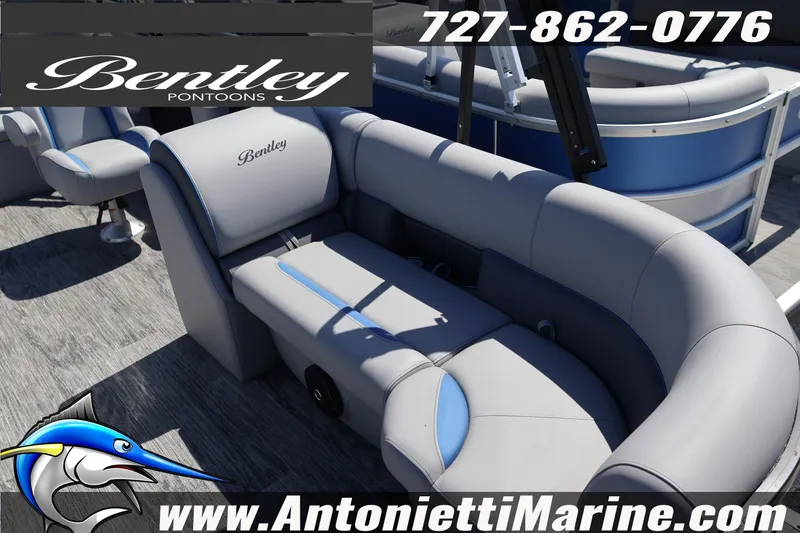 Slide: The Image of 2026 Bentley Pontoons Legacy 243 Swingback EXT interior with plush seating. - 14