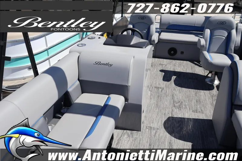 Slide: The Image of 2026 Bentley Pontoons Legacy 243 Swingback EXT interior with plush seating and modern design. - 15
