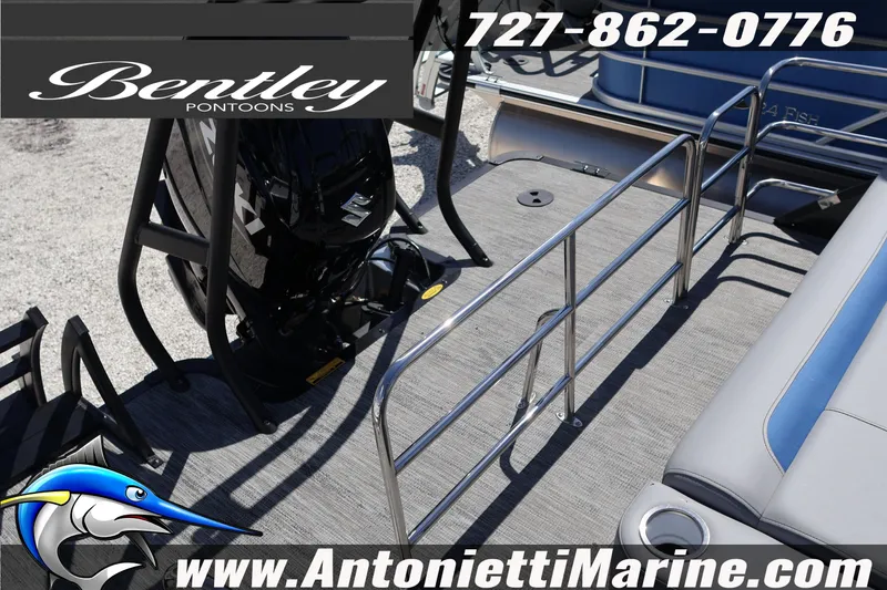 Slide: The Image of 2026 Bentley Pontoons Legacy 243 Swingback EXT deck with railing and motor, Antonietti Marine branding. - 30