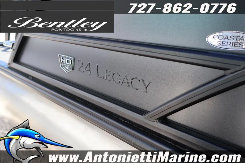 Slide: The Image of 2026 Bentley Pontoons Legacy 243 Swingback EXT, Coastal Series branding, Antonietti Marine contact details. - 5