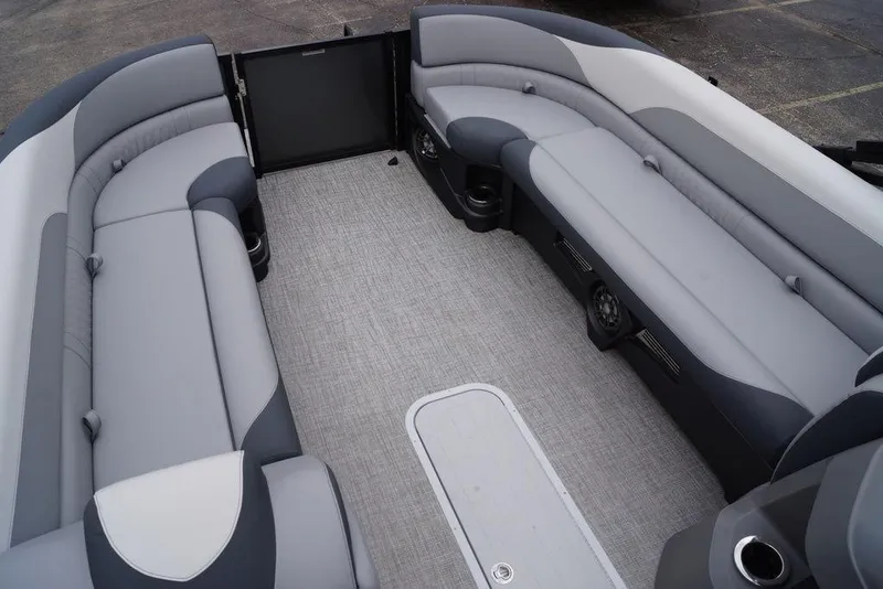 Slide: The Image of 2026 Avalon Catalina Versatile Rear Bench boat interior with spacious seating and modern design. - 13