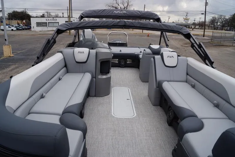 Slide: The Image of 2026 Avalon Catalina Versatile Rear Bench boat with spacious seating and modern design. - 22